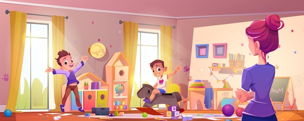 Kostenloser Vektor mutter und kinder in einem unordentlichen kinderzimmer cartoon vektor kinderspielzeug im innenraum heim spielzimmer interieur für hyperaktive vorschule oder kindergarten baby illustration unordnung ärger und mutter im unordentlichen kindergarten