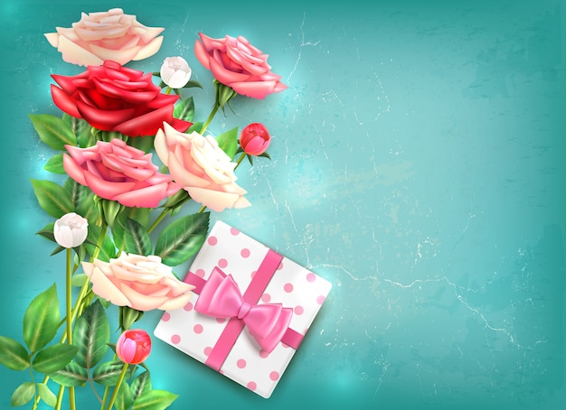 Muttertag flatlay konzept mit schönem blumenstrauß von rosen und von geschenk mit großer rosa bogenillustration