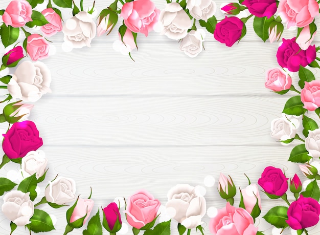 Kostenloser Vektor muttertagesrahmen mit rosa weißen und pinkfarbenen farben von rosen auf weißer hölzerner hintergrundillustration