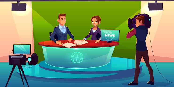 Kostenlose Vektor nachrichtensprecherteam live-übertragung cartoon.