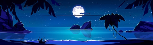 Kostenloser Vektor nachtmondlicht auf dem meer strand insel vektor hintergrundszene stern und vollmond reflexion im ruhigen blauen ozeanwasser in der nacht tropische natur horizont seascape view paradise hawaii panorama