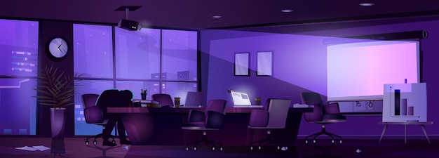 Kostenloser Vektor nachtsitzungssaal im büro mit projektorlicht