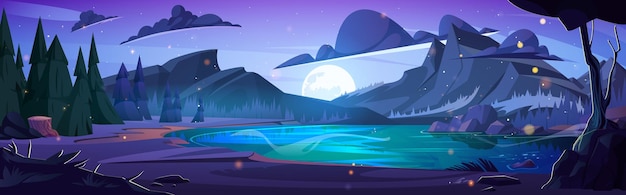 Kostenloser Vektor nachtwald, bergsee, cartoon-hintergrund, flusswasser in einem wunderschönen tal im sommer über mondlicht, spielumgebung im naturpark bei nacht, illustration, vollmond am himmel mit wolken