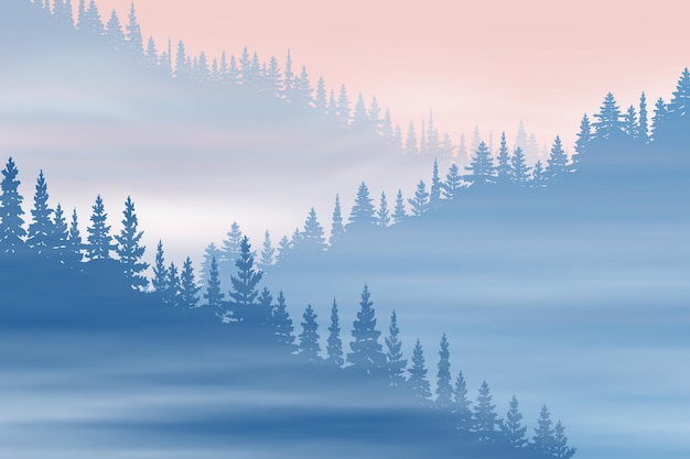Nadelwald im nebel, natürlicher hintergrund, vektorillustration