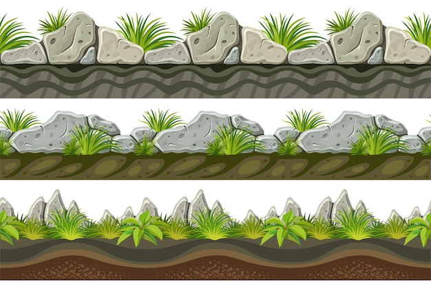 Kostenloser Vektor nahtlose grenzen grauer felsen, gras mit erde.