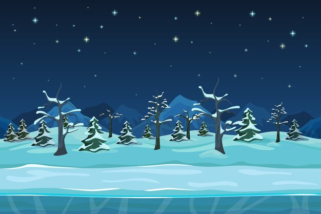 Nahtlose Karikatur Winternachtlandschaft. Schneebaum, Entwurf der Jahreszeitzeichnung,