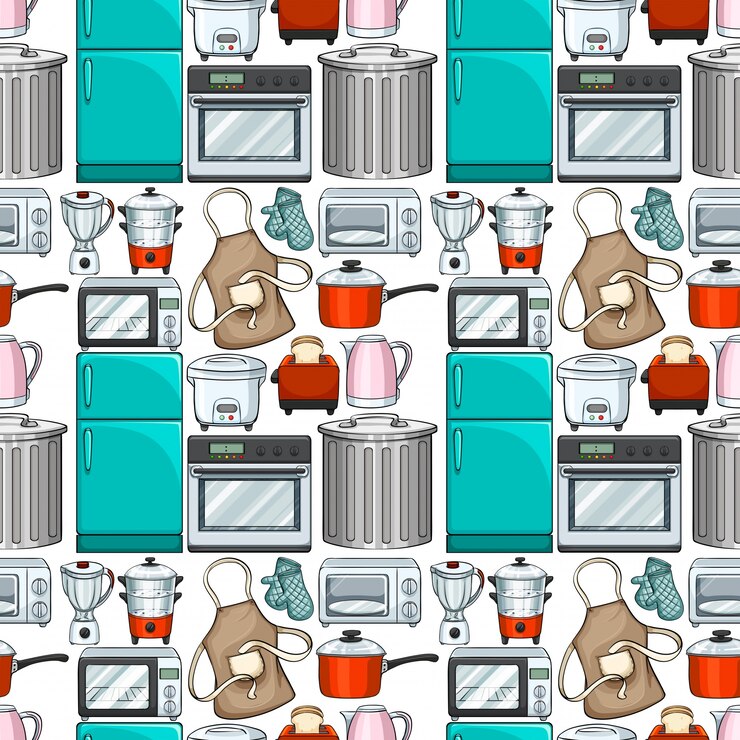 Kostenlose Vektor nahtlose tapeten-design mit küchenartikel illustration