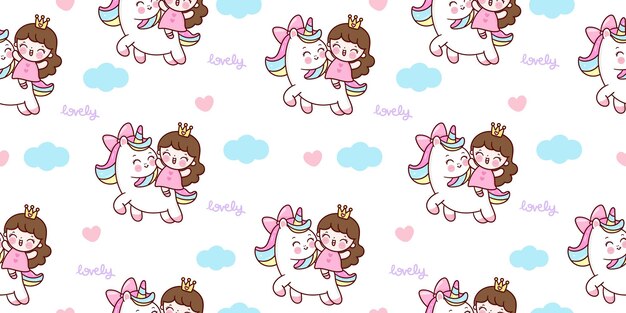 Niedliche Prinzessin Reiten Einhorn Karikatur Mit Sussem Himmel Kawaii Art Premium Vektor