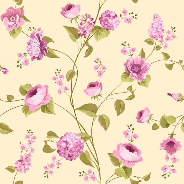 Nahtloses Blumenmuster. Blühende Rosen und Flieder auf rosa Hintergrund.