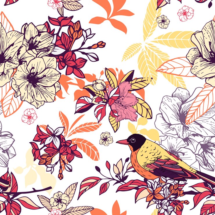 Kostenlose Vektor nahtloses blumenmuster mit vogel