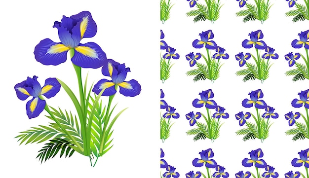 Nahtloses hintergrunddesign mit irisblumen und farnen