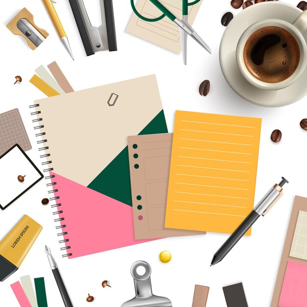 Nahtloses Muster der Büroartikel mit Kaffeeschere und Stift realistisch