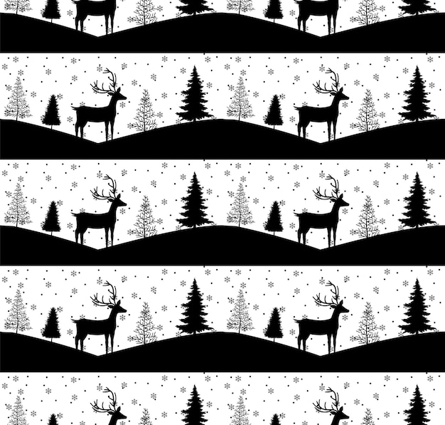 Nahtloses muster der frohen weihnachten mit rotwild, winterabstraktion. wald hintergrund. endloses horizontales banner mit rentieren im schnee. handgezeichnete dekorative elemente aus papier, vektor-illustration. eps 10