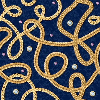 Nahtloses muster der goldkette mit juwelen auf blauem hintergrund