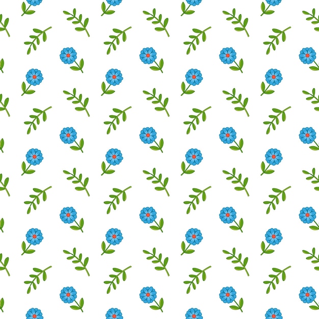 Nahtloses muster mit blauen blumen und grünen zweigen auf weißem hintergrund minimalistische illustration Premium Vektoren
