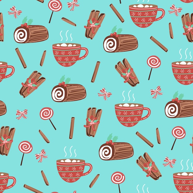 Nahtloses Muster mit Holz-, Süßigkeiten- und Kaffeetasse.