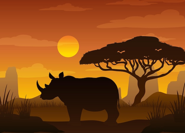 Kostenloser Vektor nashorn-silhouette im savannenwald