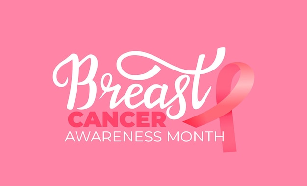 National breast cancer awareness month banner mit rosa schleife und handgezeichneter schrift.
