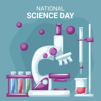 Nationaler wissenschaftstag mit mikroskop mit proben in reagenzgläsern und einem universellen laborständer