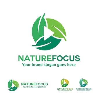 Natur fotografie logo, blatt mit spiel button symbol.