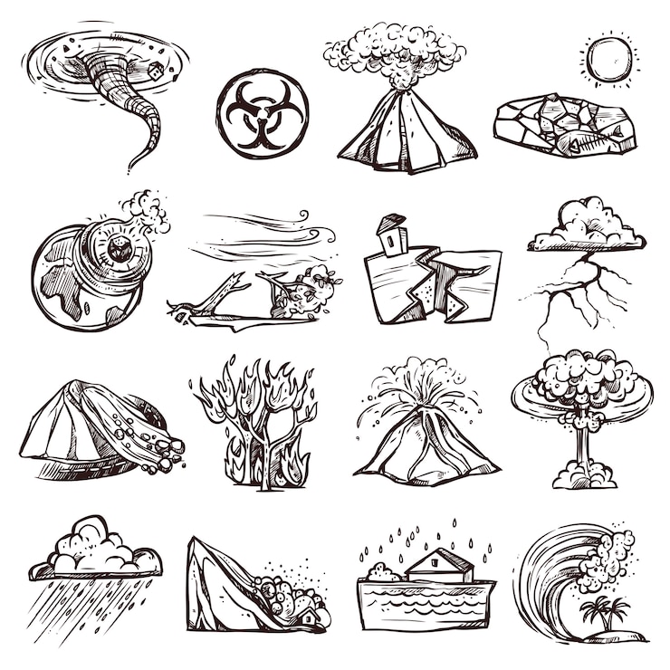 Kostenlose Vektor naturkatastrophe skizze icon set