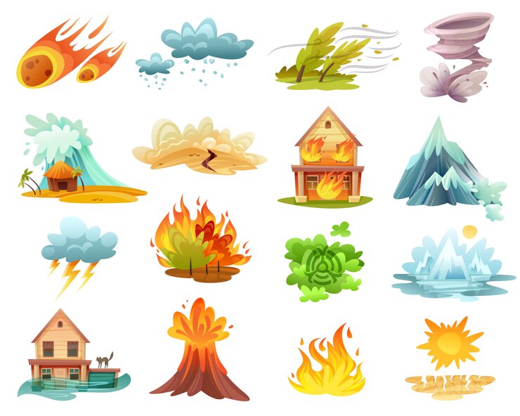Kostenlose Vektor naturkatastrophen cartoon icons set
