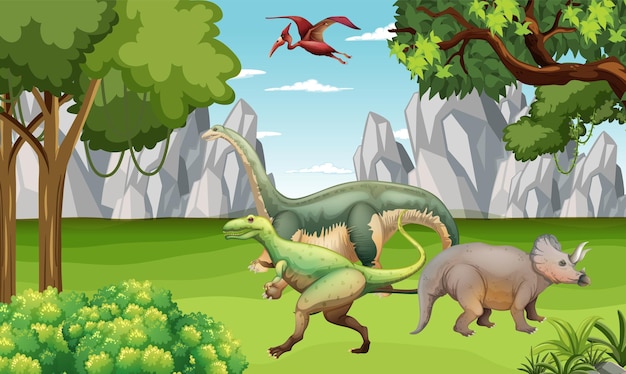 Naturszene mit Bäumen auf Bergen mit Dinosaurier