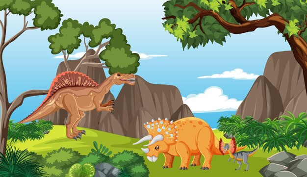 Naturszene mit Bäumen auf Bergen mit Dinosaurier