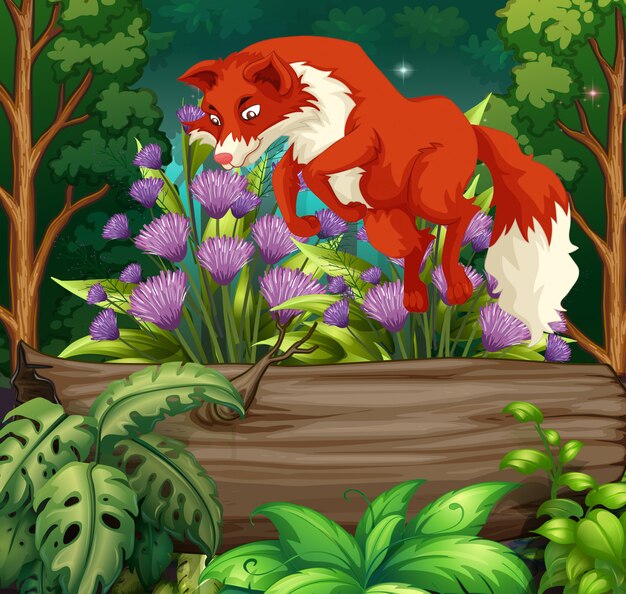 Naturszene mit dem roten Fuchs, der über Klotz springt