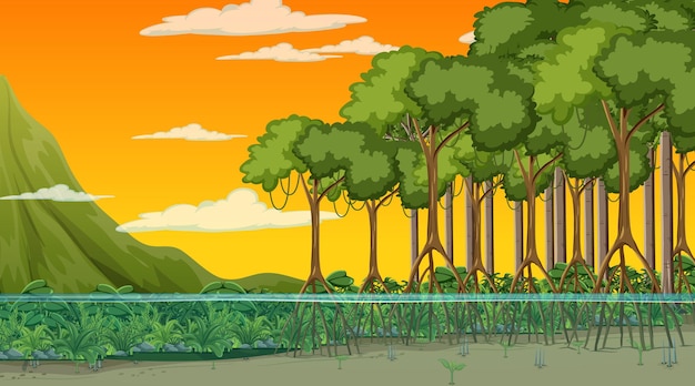 Naturszene mit mangrovenwald bei sonnenuntergang im cartoon-stil