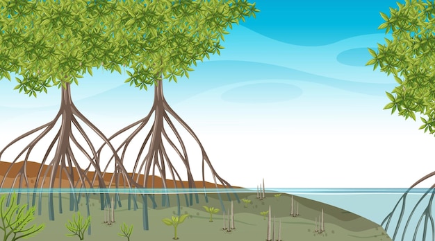 Kostenloser Vektor naturszene mit mangrovenwald tagsüber im cartoon-stil