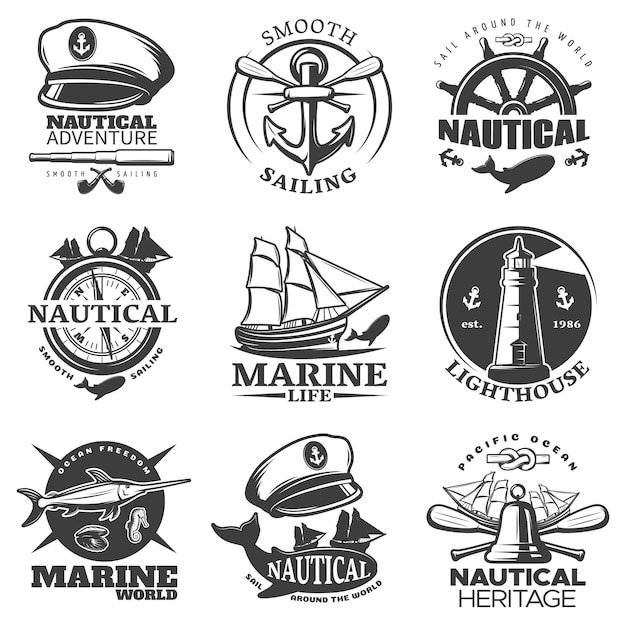 Kostenloser Vektor nautisches emblem mit segel um die welt marine life leuchtturm marine welt beschreibungen gesetzt