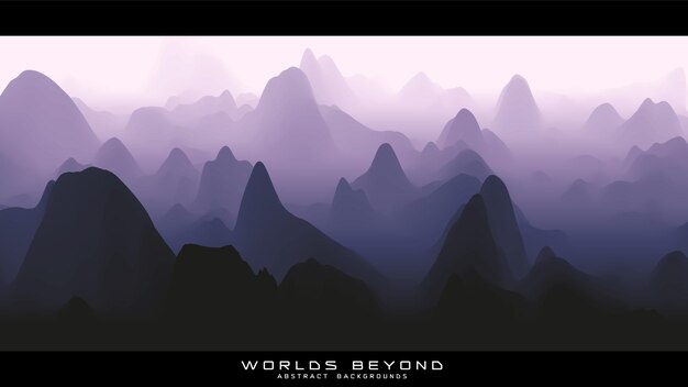 Nebel über Bergen Vektorlandschaftspanorama Abstrakter violetter Farbverlauf erodierte Gelände Welten darüber hinaus