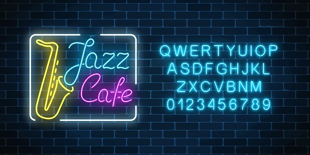 Neon jazz cafe und saxophon leuchtende zeichen mit alphabet