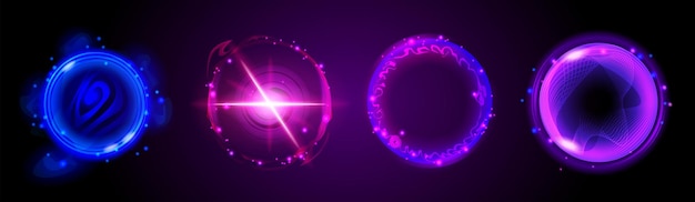Kostenloser Vektor neon-leuchtkreis-portal mit lichtmagie-effekt 3d-abstrakt seltsame runde leuchtende energie-wirbel isolierte kreisförmige geschwindigkeit energie futuristische wirbel hologramm-explosion mit lila strahlrahmen teleport
