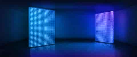 Kostenloser Vektor neonraum mit led-licht, bühnenvektorhintergrund. dunkles abstraktes studio mit bildschirmnachtszene. leerer fernsehsaal für tanzparty oder konzert. 3d-blauer showroom-interieur für casino-spieldesign