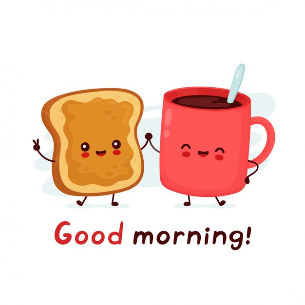 Nette Gluckliche Lustige Kaffeetasse Und Toast Mit Erdnussbutter Guten Morgen Karte Cartoon Charakter Illustration Icon Design Isolated Premium Vektor