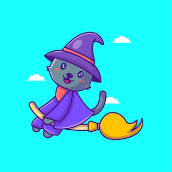 Nette hexenkatze, die mit besen glückliche halloween-karikaturillustrationen fliegt