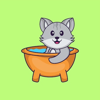 Nette katze, die ein bad in der badewanne nimmt tierkarikaturkonzept isoliert. flacher cartoon-stil