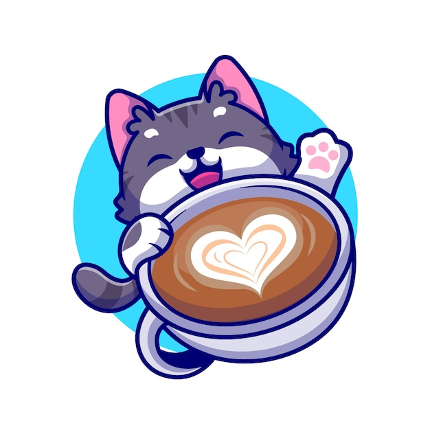 Kostenloser Vektor nette katze mit kaffeetasse cartoon icon illustration.