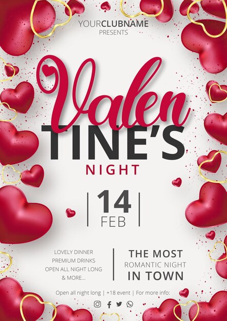 Nette Valentinstag-Party-Plakat-Ereignis-Schablone mit realistischer Herzzusammensetzung
