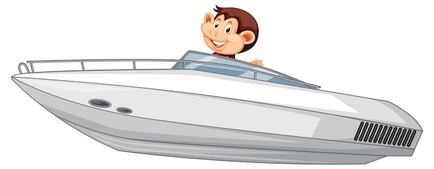 Netter Affe, der Schnellboot auf weißem Hintergrund fährt