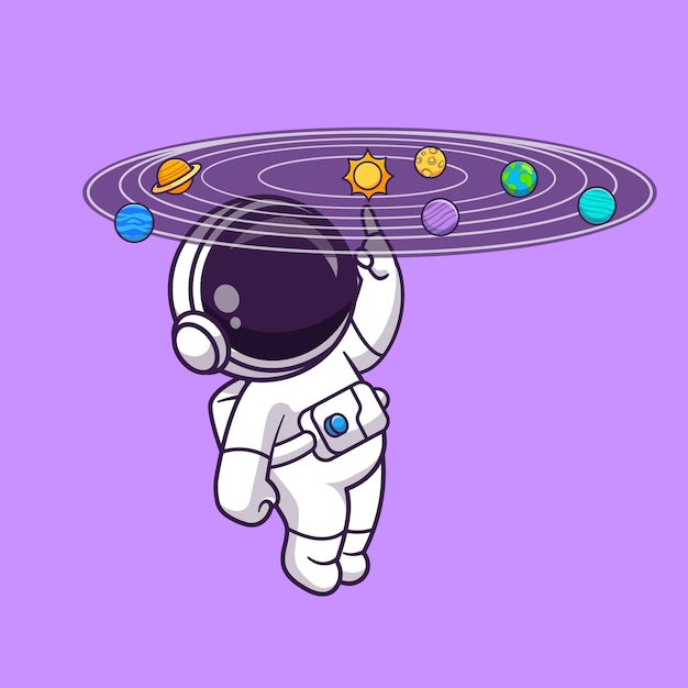 Kostenloser Vektor netter astronaut, der mit planet und sonne im weltraum-cartoon-vektor-symbol-illustrations-wissenschafts-techno spielt