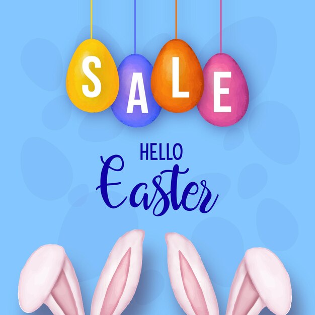 Netter bunter glücklicher Ostern-Verkaufs-Plakat-Banner-blauer gelber Hintergrund mit Eier-freiem Vektor