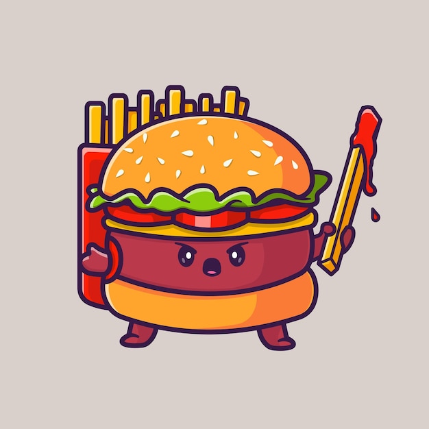 Kostenloser Vektor netter burger, der pommes-frites-karikatur-vektor-ikonen-illustration hält. food-objekt-icon-konzept isoliert