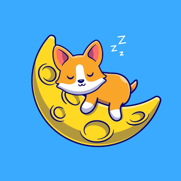 Netter corgi-hund, der auf der mond-karikatur-vektor-icon-illustration schläft. tier natur symbol konzept isoliert premium-vektor. flacher cartoon-stil