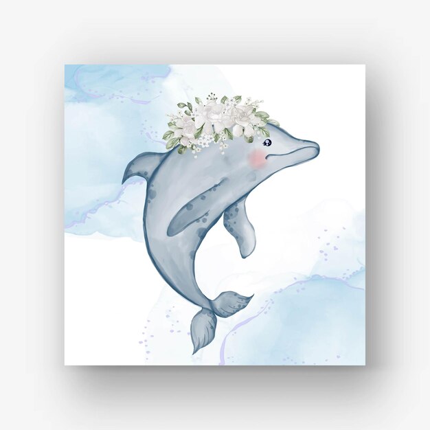 Netter Delphin mit weißer Aquarellillustration der Blume