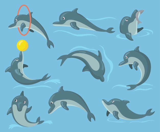 Netter Delphinsatz. Glücklicher niedlicher Delphincharakter, der Tricks im Wasser durchführt, springt, Ball hält, Fisch fängt.