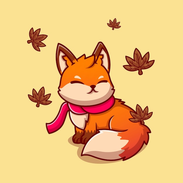 Netter fuchs, der mit schal in der herbst-karikatur-symbolillustration sitzt. tier naturikone isoliert. flacher cartoon-stil