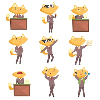 Netter Geschaftsmann Fuchscharakter Bei Der Arbeit Und Ruhe Lustige Katze In Verschiedenen Situationen Stellte Karikatur Bunte Illustrationen Ein Premium Vektor
